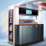 A vertically sliding video screen secures bar items for take-off and landing